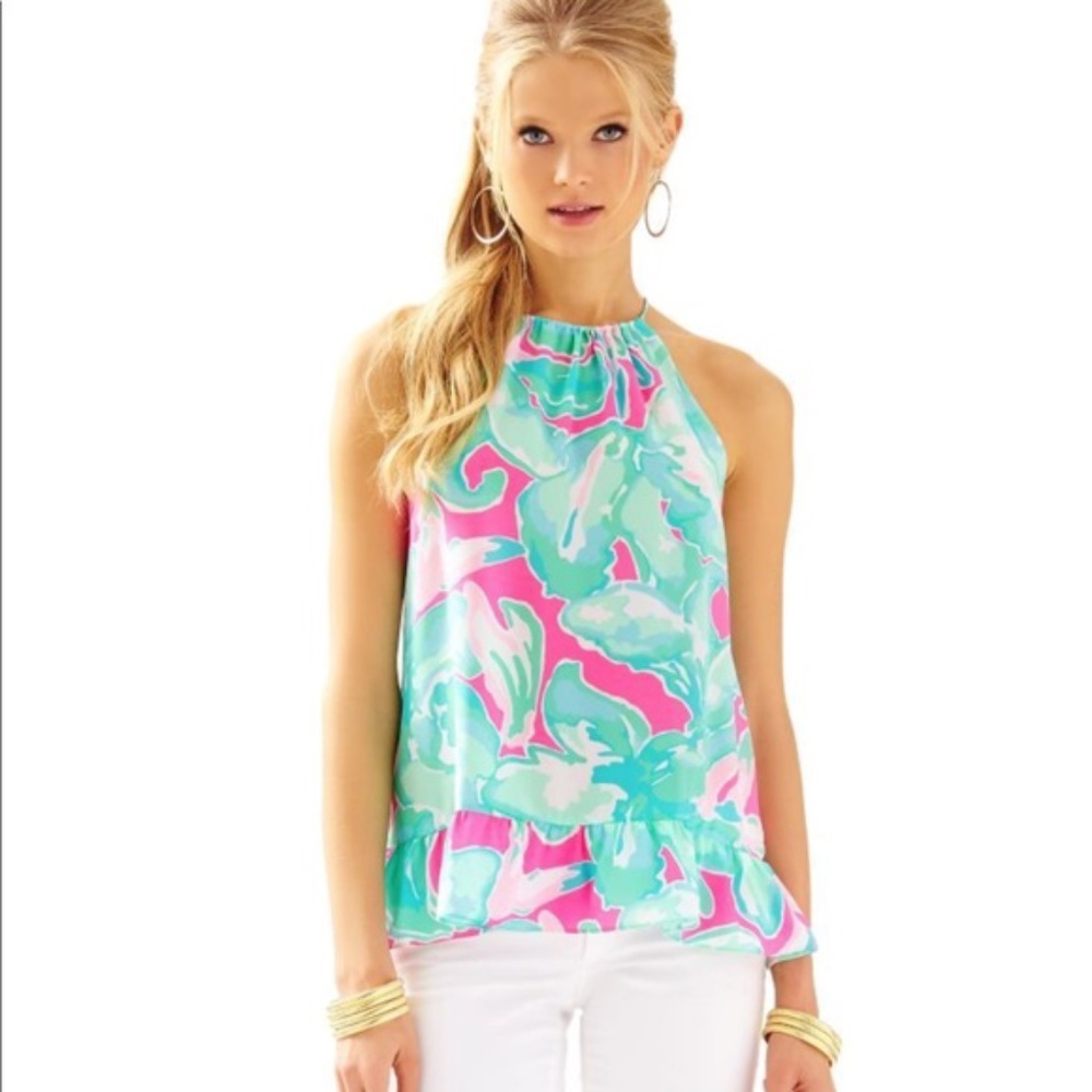 LILLY PULITZER Millie silk halter top ruffle hem